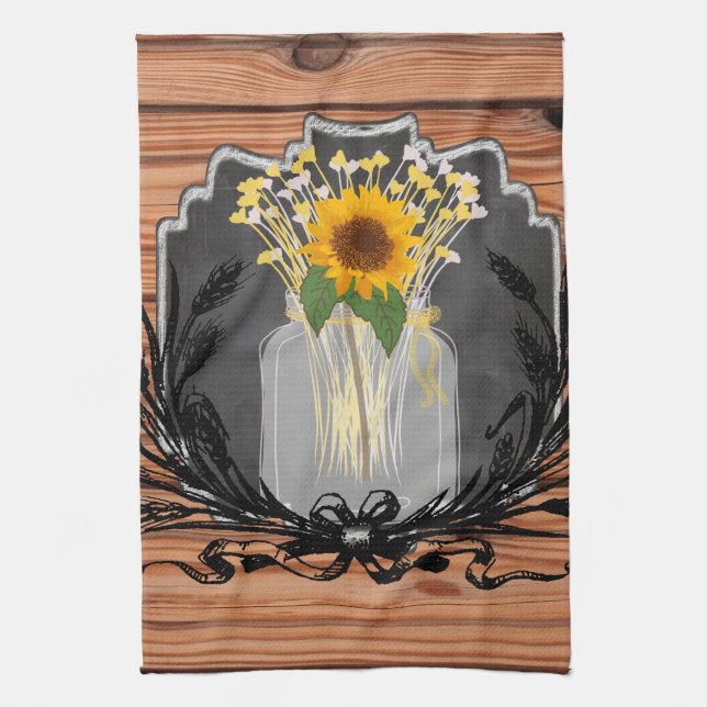 Rustic Sunflower Mason Jar Tea Towel (Vertical)