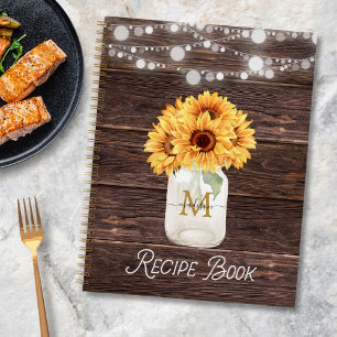 Rustic Sunflower Mason Jar Wood Recipe Cookbook Notebook