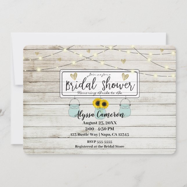 Rustic Sunflower Mason Jars & Lights Bridal Shower Invitation (Front)