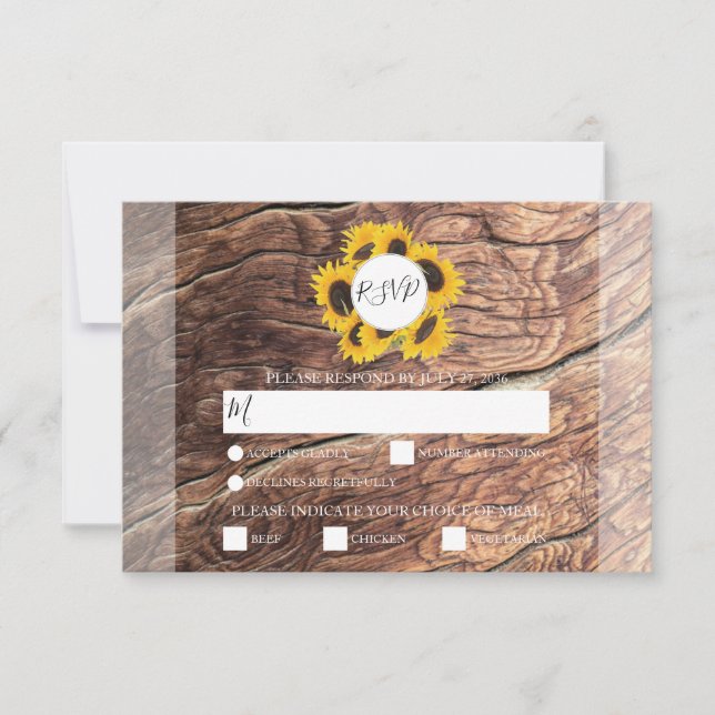 Rustic Sunflower Meal Options Wedding RSVP Cards (Front)