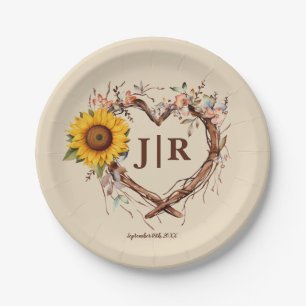 Rustic Sunflower Monogram Wedding Heart Branch Pla Paper Plate