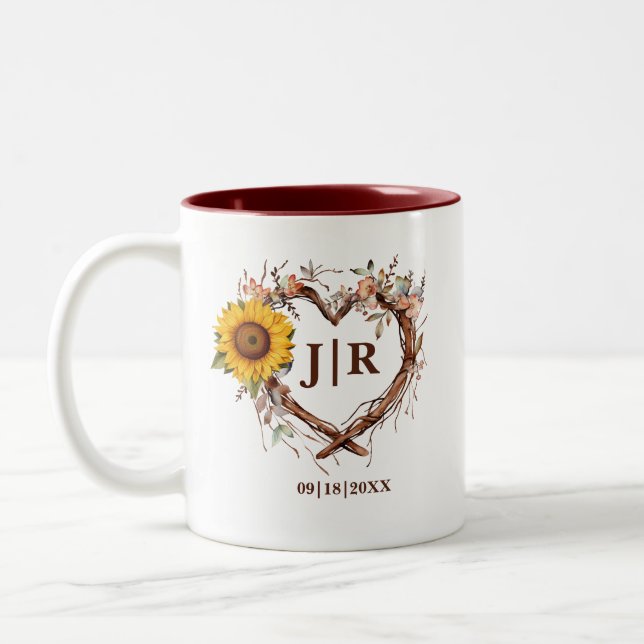 Rustic Sunflower Monogram Wedding Heart Branch Two-Tone Coffee Mug (Left)