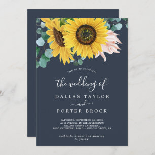 Rustic Sunflower Navy All In One Wedding Invitation