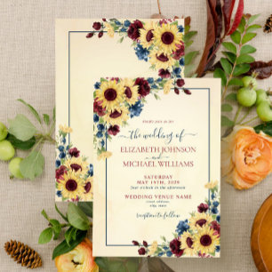 Rustic Sunflower Navy Blue Burgundy Floral Wedding Invitation