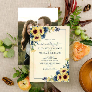 Rustic Sunflower Navy Blue Floral Photo Wedding Invitation