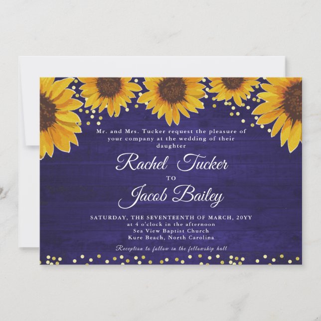 Rustic Sunflower Navy Blue Gold Wedding Invitation (Front)