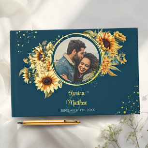 Rustic Sunflower Navy Blue Photo Gold Guest Book