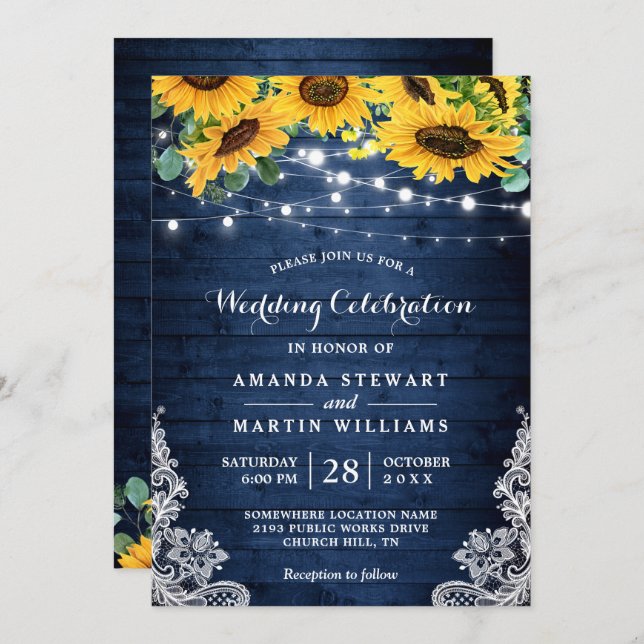 Rustic Sunflower Navy Blue String Lights Wedding Invitation (Front/Back)