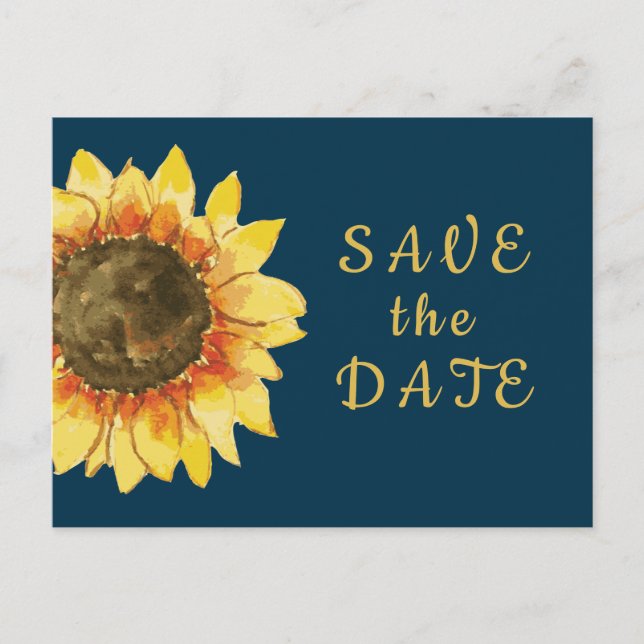 Rustic sunflower. Navy blue wedding  Save the Date Invitation Postcard (Front)