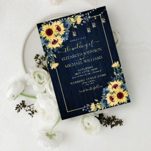 Rustic Sunflower Navy Blue Wood Floral Wedding Invitation