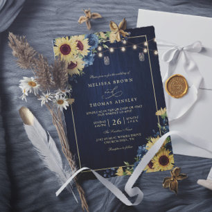 Rustic Sunflower Navy Blue Wood QR Code Wedding Invitation