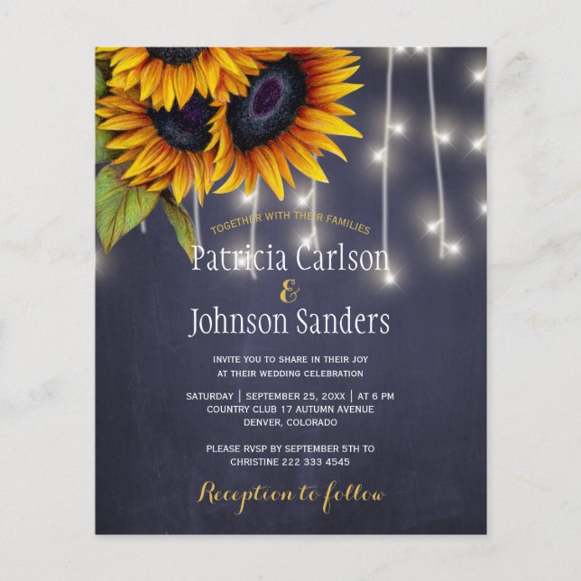 Rustic sunflower navy chalkboard wedding invite (Front)