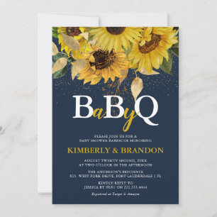 Rustic Sunflower, Navy & Gold BBQ Baby Shower  Invitation