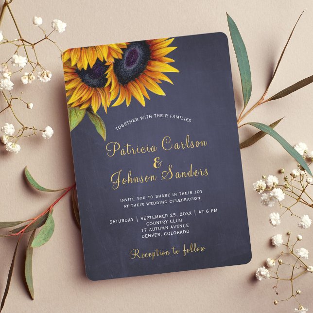 Rustic sunflower navy gold wedding invitation (Creator Uploaded)