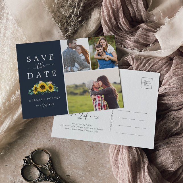 Rustic Sunflower Navy Photo Collage Save the Date Invitation Postcard (Creator Uploaded)
