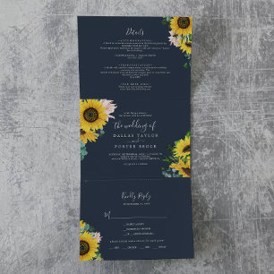 Rustic Sunflower   Navy Photo Wedding All In One Tri-Fold Invitation