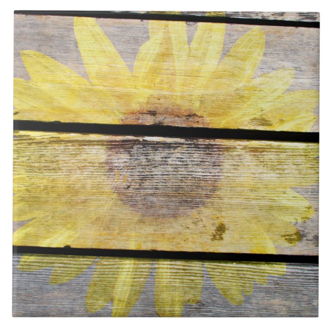 Rustic Sunflower On Wood Tile (Front)