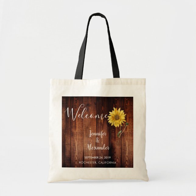 Rustic sunflower on wood Welcome wedding Tote Bag (Front)