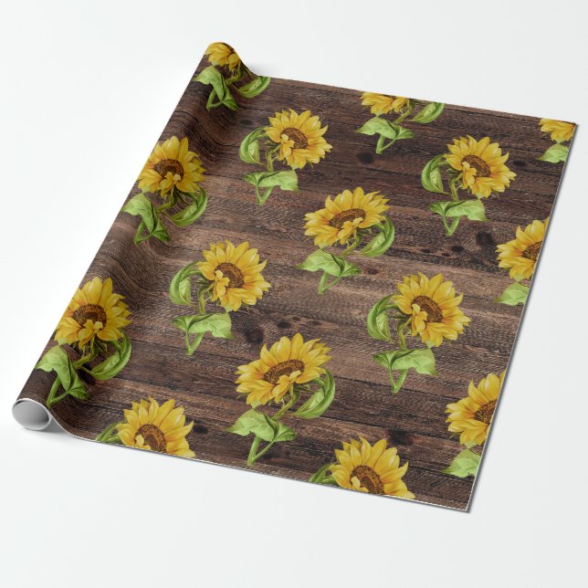 Rustic Sunflower on Wood Wrapping Paper (Unrolled)