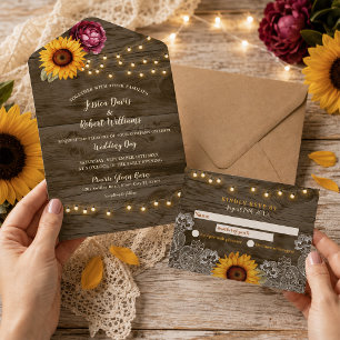 Rustic Sunflower Peony Barn Wood Wedding All In One Invitation