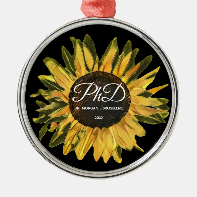 Rustic Sunflower Personalised PhD Graduation Metal Tree Decoration (Front)