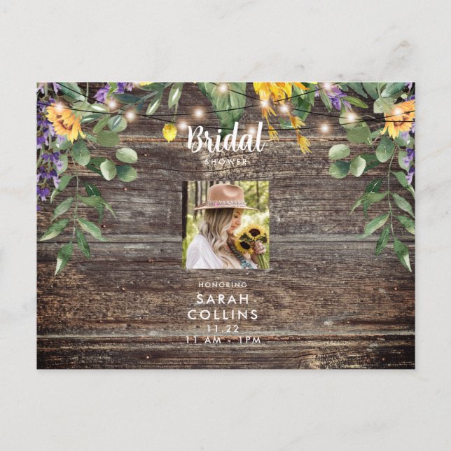 Rustic Sunflower Photo Bridal Shower Invitation Postcard (Front)