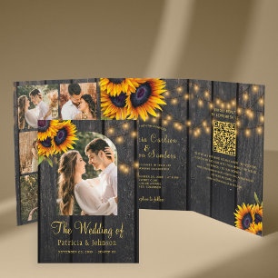 Rustic sunflower photo collage QR RSVP wedding Tri-Fold Invitation