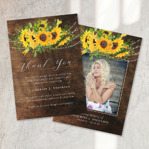 Rustic Sunflower Photo Sympathy Funeral Memorial Thank You Card