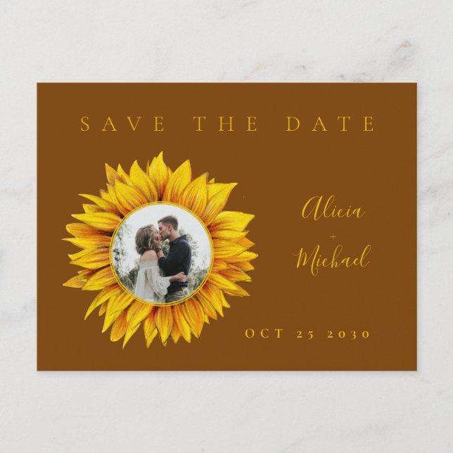Rustic sunflower photo wedding save the date announcement postcard (Front)