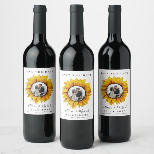 Rustic sunflower photo wedding save the date wine label (Bottles)