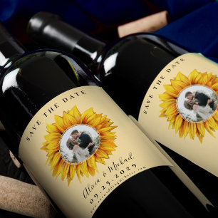 Rustic sunflower photo wedding save the date wine label