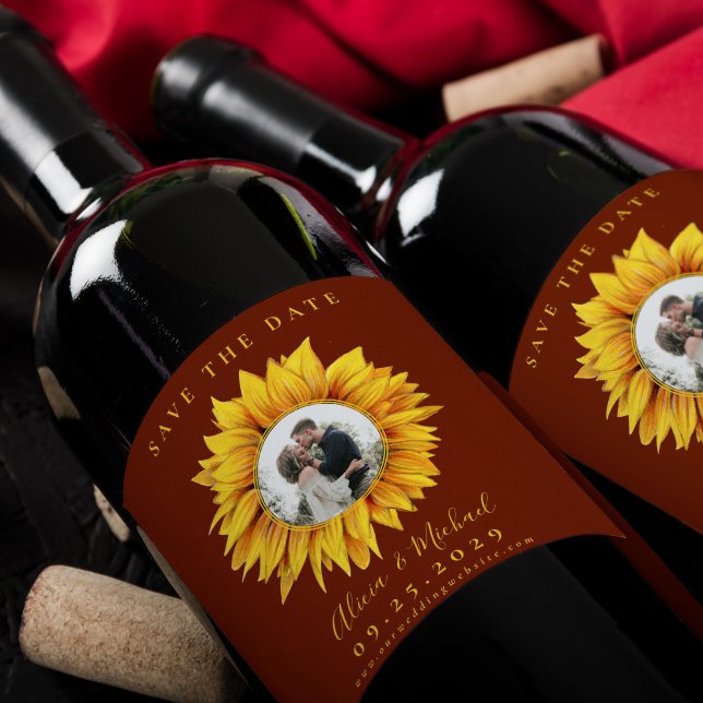 Rustic sunflower photo wedding save the date wine label (Creator Uploaded)