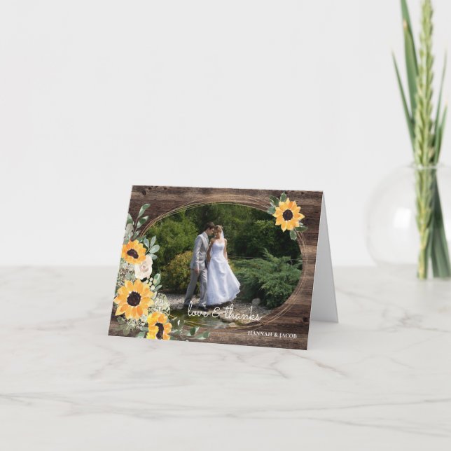 Rustic Sunflower Photo Wedding Thank You Card (Front)