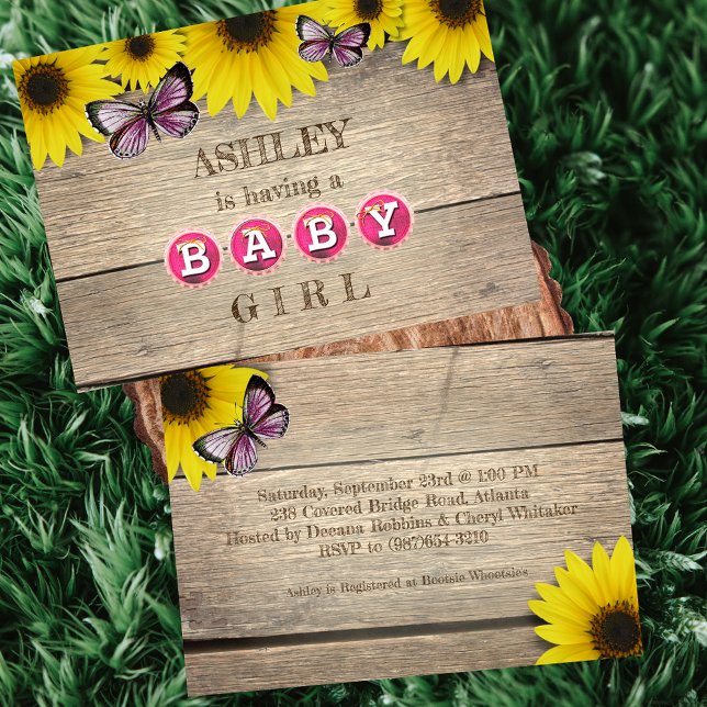 Rustic Sunflower Pink Butterfly Baby Shower | Girl Invitation (Creator Uploaded)
