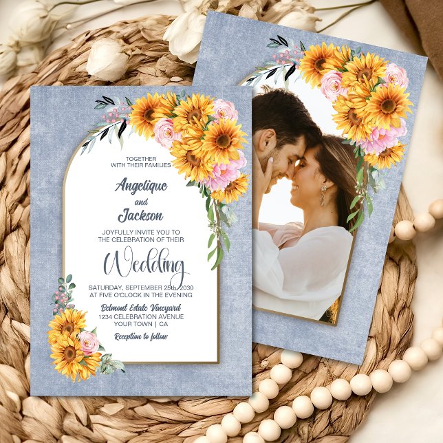 Rustic Sunflower Pink Rose Arch Wedding Invitation (Creator Uploaded)