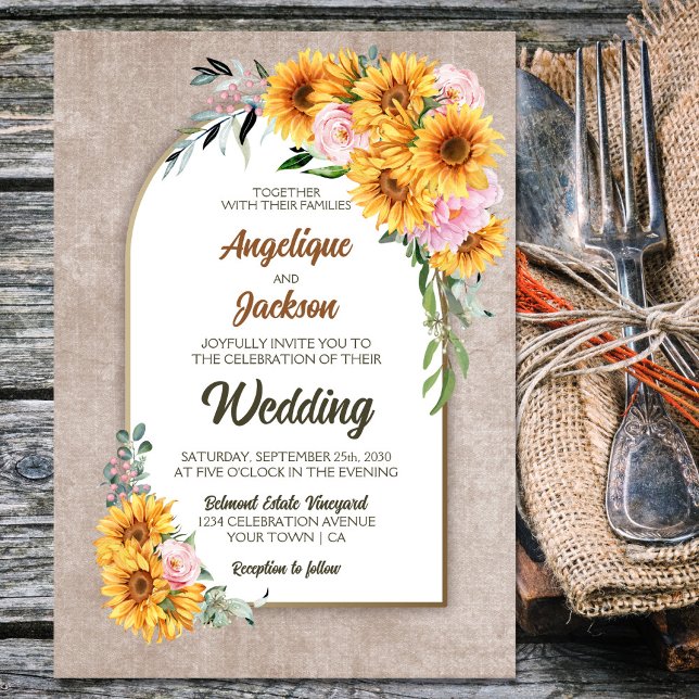 Rustic Sunflower Pink Rose Arch Wedding Invitation (Creator Uploaded)