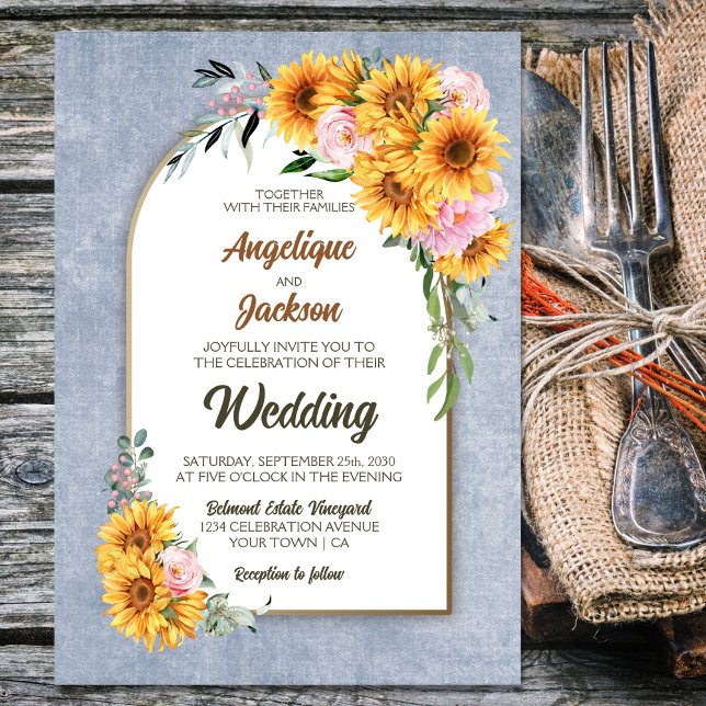Rustic Sunflower Pink Rose Grey Arch Wedding Invitation (Creator Uploaded)