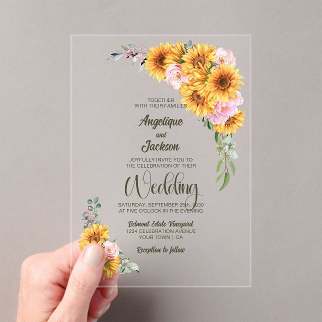 Rustic Sunflower Pink Rose Wedding Acrylic Invitations (Insitu (Handheld))