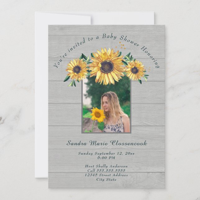 Rustic Sunflower Pink Wood Girl Baby Shower  Invit Invitation (Front)
