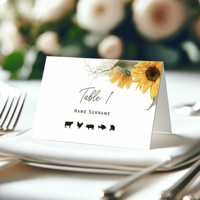 Rustic Sunflower, Place card with meal options (Sunflower tented place cards with meal options.)