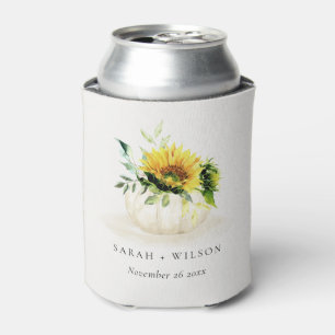 Rustic Sunflower Pumpkin Flora Watercolor Wedding Can Cooler