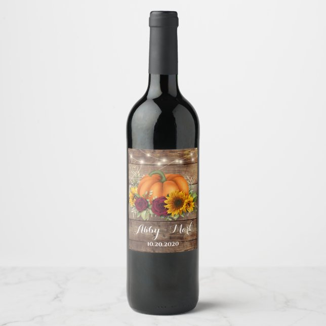 Rustic Sunflower, Pumpkin & Roses Wine Label (Front)