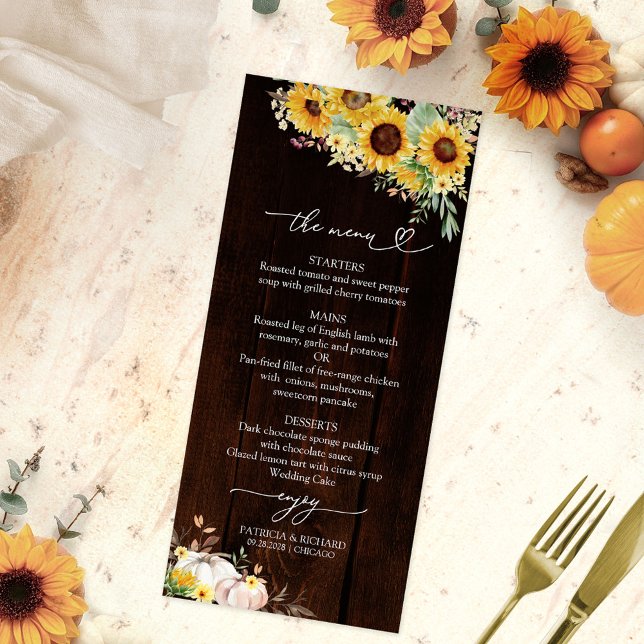 Rustic Sunflower Pumpkin Wood Fall Wedding Menu (Creator Uploaded)