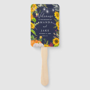 Rustic Sunflower Pumpkins Blue Wedding Welcome Hand Fan