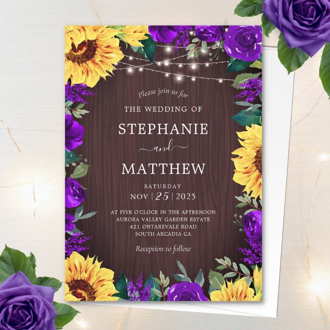Rustic Sunflower Purple Floral Lights Wedding Invitation (Creator Uploaded)