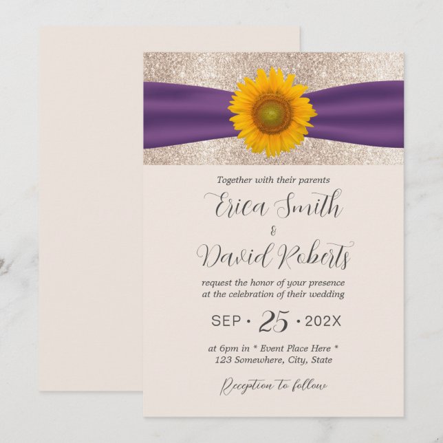 Rustic Sunflower Purple Ribbon Elegant Wedding Invitation (Front/Back)