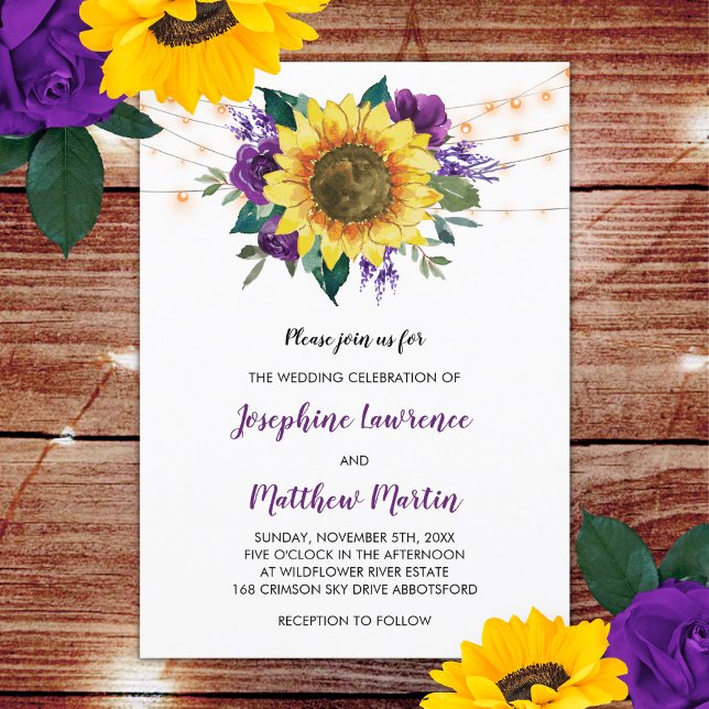 Rustic Sunflower Purple Rose Floral Lights Wedding Invitation (Creator Uploaded)