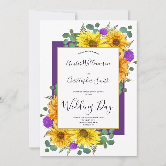 Rustic Sunflower Purple Roses Country Wedding Invitation (Front)