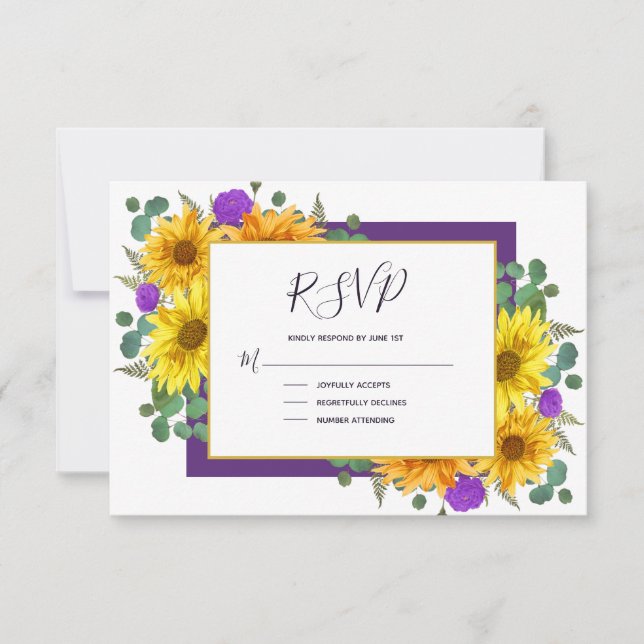 Rustic Sunflower Purple Roses Country Wedding RSVP Card (Front)