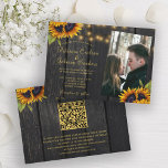 Rustic sunflower QR code photo wedding Invitation<br><div class="desc">Elegant chic summer or fall wedding stylish all in one QR code invitation template on dark brown barn wood featuring beautiful sunflowers bouquets, strings or twinkle lights, and a chic faux gold calligraphy script. Easy to personalise with your details, QR CODE (automatically generated with your URL), and photo! The invitation...</div>